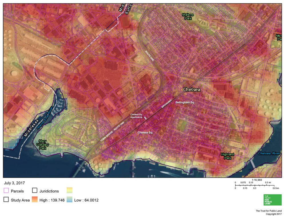 Click to enlarge: The land surface temperature map for July 7, 2015, zoomed in on Chelsea. The map was created on July 3, 2017. (Courtesy of The Trust For Public Land mapping tool; Jesse Costa/WBUR)