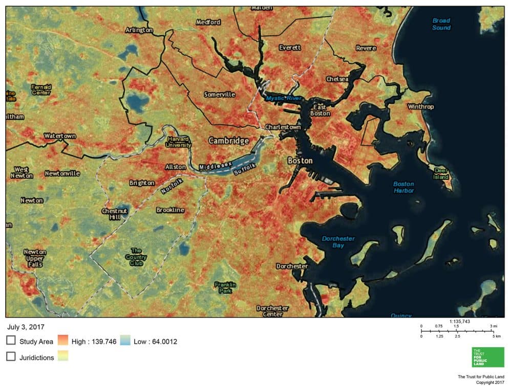 This map of Greater Boston shows land surface temperatures on July 7, 2015. The redder areas are warmest. The map was created on July 3, 2017. (Courtesy of The Trust For Public Land mapping tool)