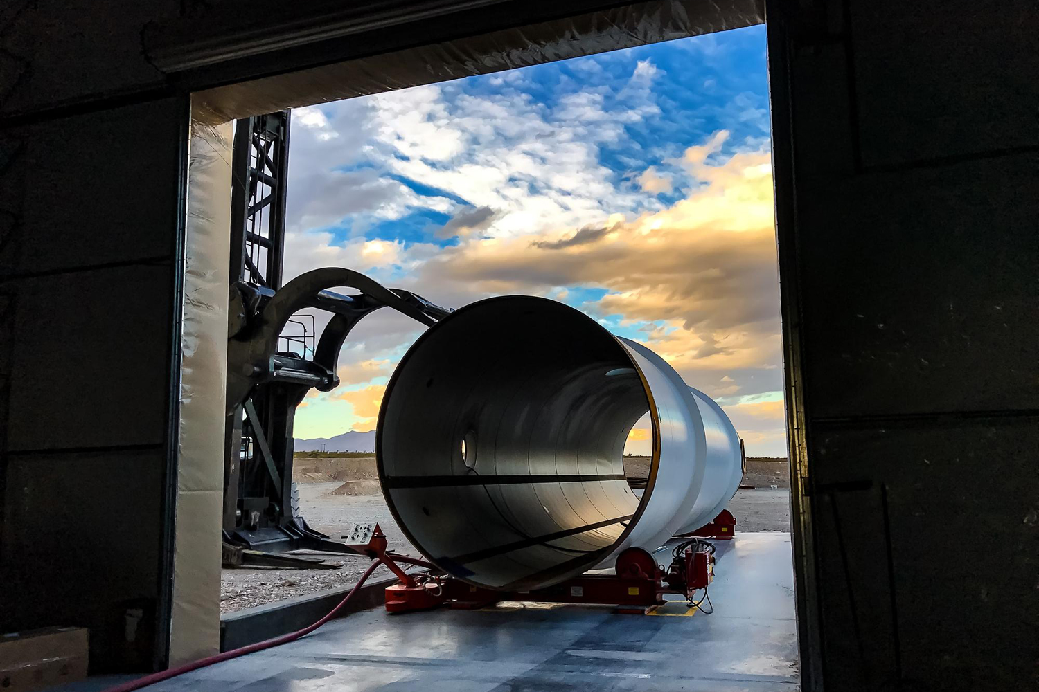 A Hyperloop One tube awaits entry into the tube processing building, where they are painted and prepped for use. (Courtesy Hyperloop One)