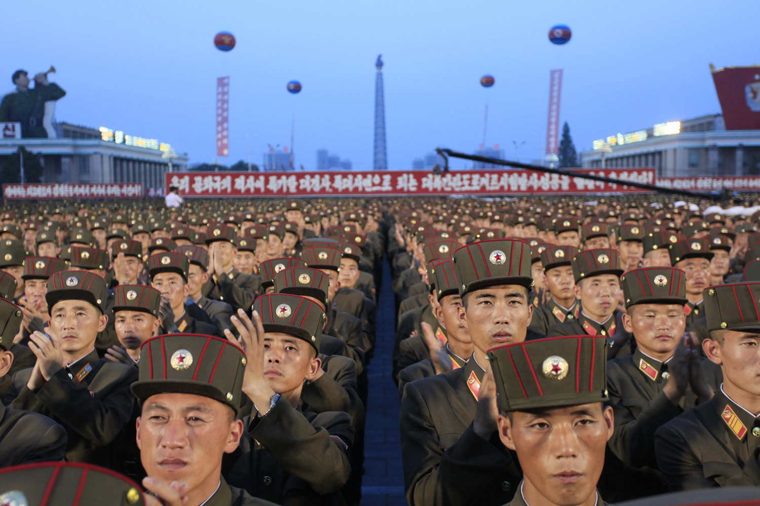 Soldiers gather in Kim Il Sung Square in Pyongyang, North Korea,Thursday, July 6, 2017, to celebrate the test launch of North Korea's first intercontinental ballistic missile two days earlier. (Jon Chol Jin/AP)