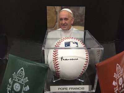 The baseball signed by Pope Francis on exhibit (Courtesy Randy Kaplan)