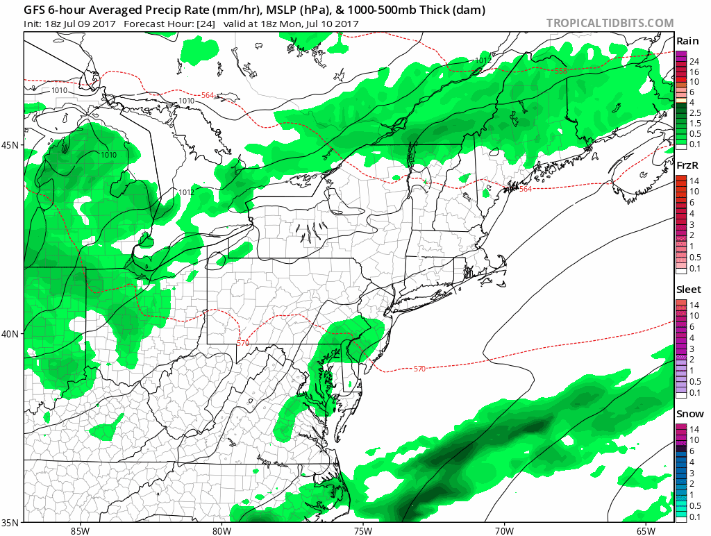 Showers will move into the region Tuesday. (Courtesy Tropical Tidbits)