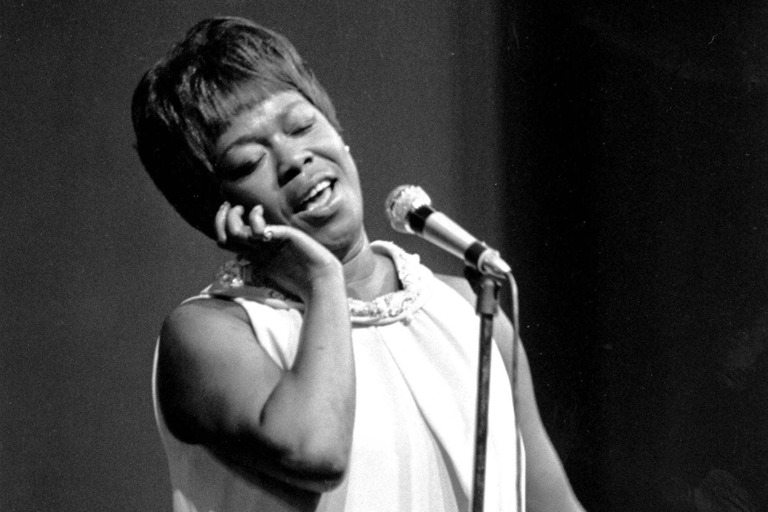 Vocalist Sarah Vaughan sings at the Newport Jazz Festival's closing night on July 3, 1967 in Newport, R.I. (AP Photo)