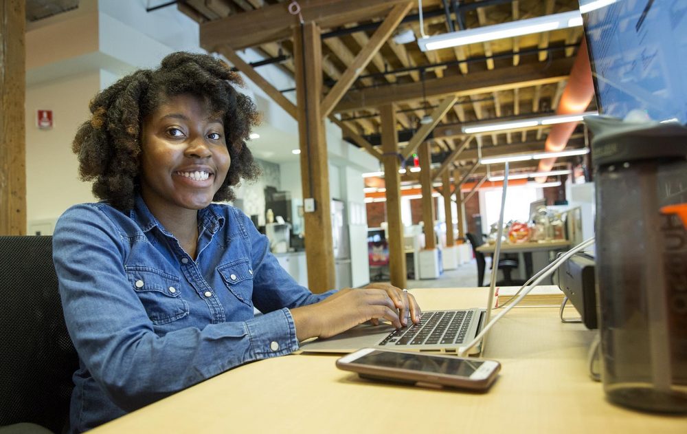 Rizel Bobb-Semple is part of the first cohort of Hack.Diversity interns. The 22-year-old is spending the summer as a data analyst intern at Hubspot, a Cambridge-based tech company. (Robin Lubbock/WBUR)
