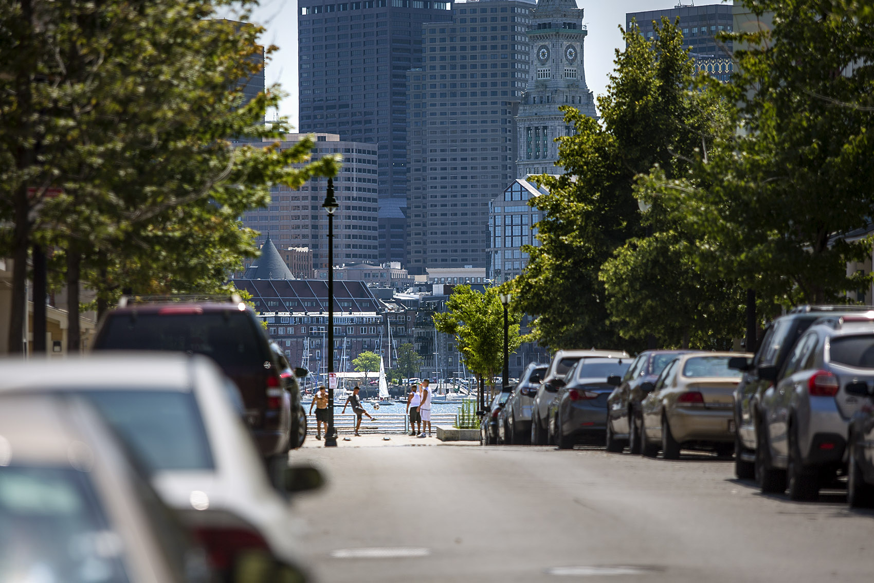 A view down Border Street in East Boston, where the Maverick Landing housing development abuts the Boston Harbor. (Jesse Costa/WBUR)