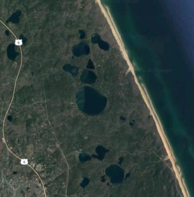 Several of the Cape Cod National Seashore kettle ponds are seen in this satellite image. (Google)