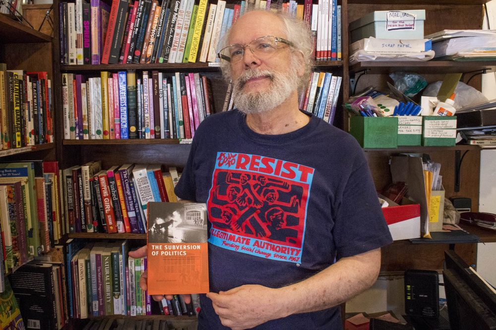 Lucy Parsons Center volunteer Jay Scheide. (Kathleen Dubos for WBUR)