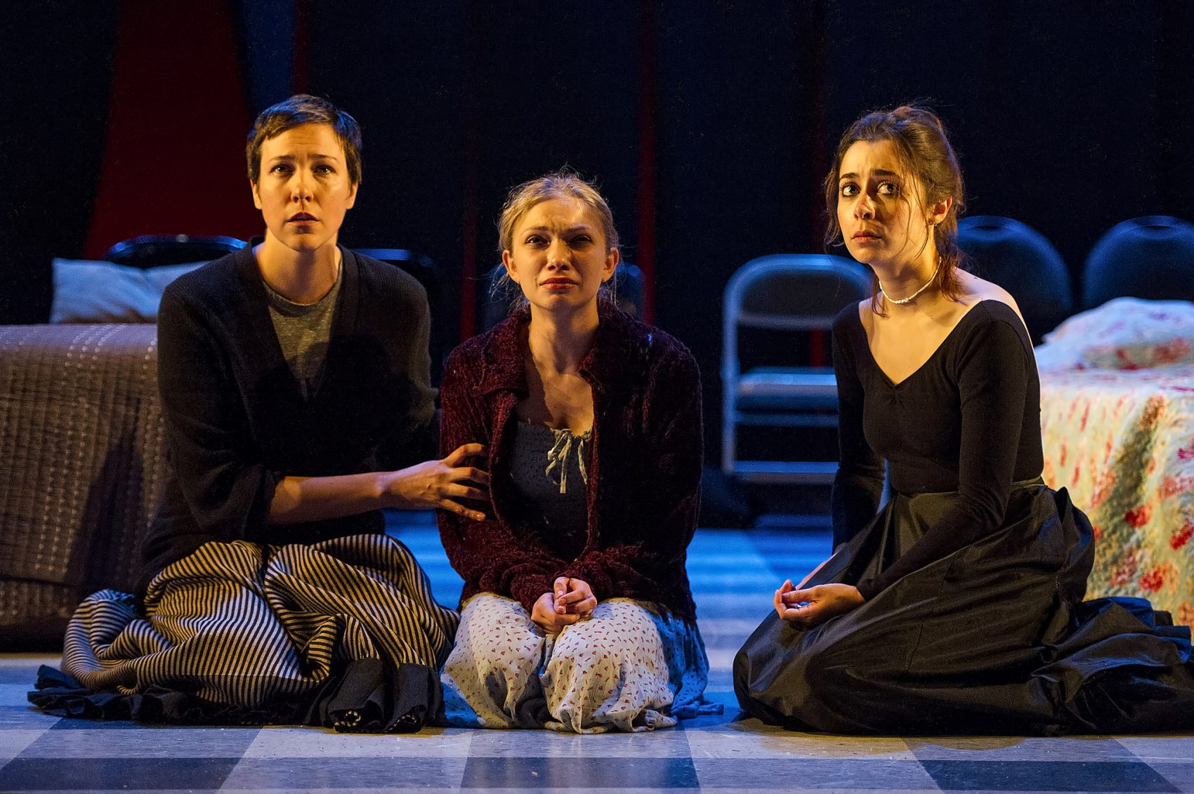 Rebecca Henderson (as Olga), Tavi Gevinson (as Irina) and Cristin Milioti (as Masha) in "Moscow Moscow Moscow Moscow Moscow Moscow." (Courtesy Daniel Rader/Williamstown Theatre Festival)