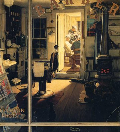 A closeup of Norman Rockwell's &quot;Shuffleton's Barbershop.&quot; 