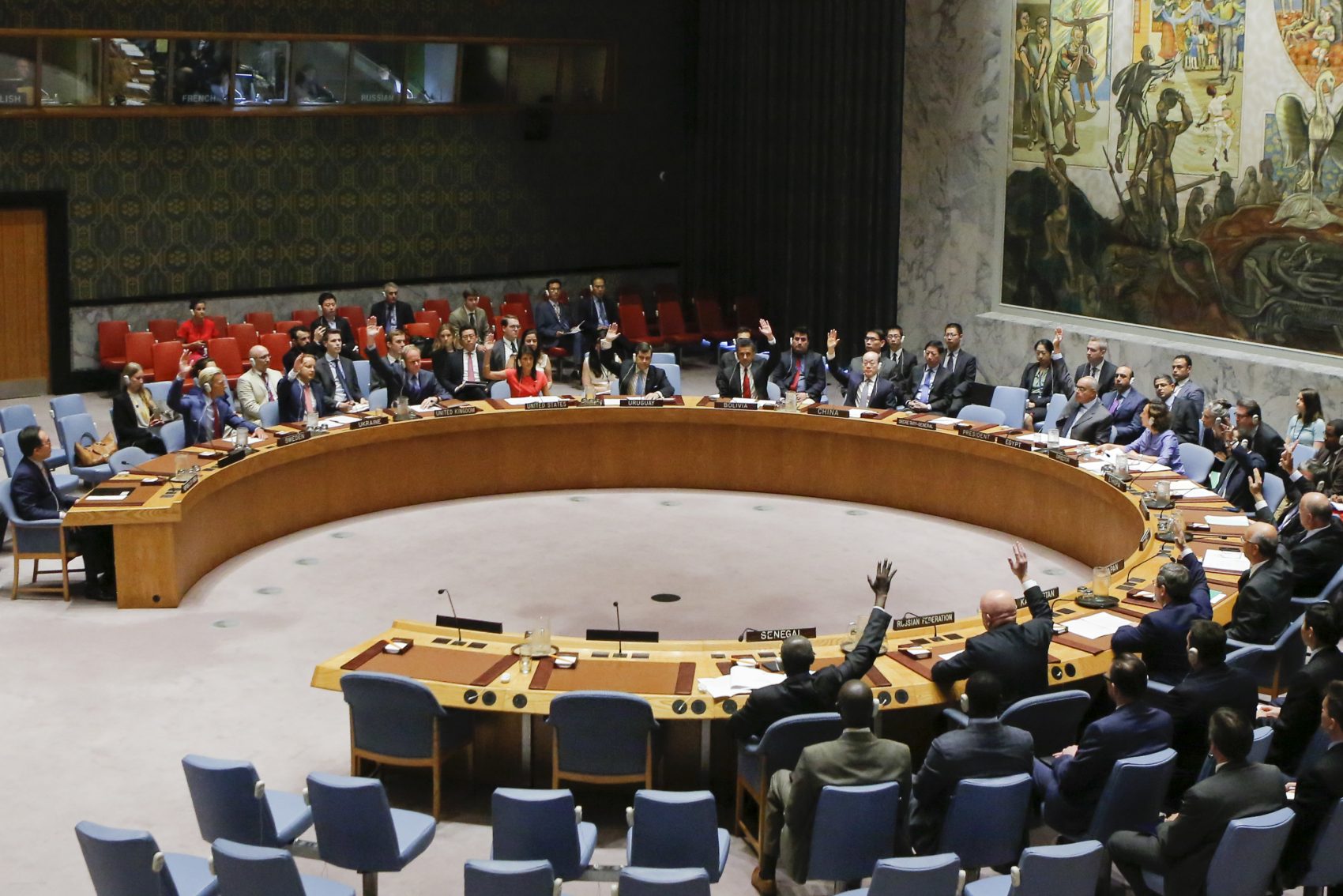 U.N. Security Council members vote on a U.S.-drafted resolution toughening sanctions on North Korea, at the United Nations Headquarters in New York, on Aug. 5, 2017. (Eduardo Munoz Alvarez/AFP/Getty Images)