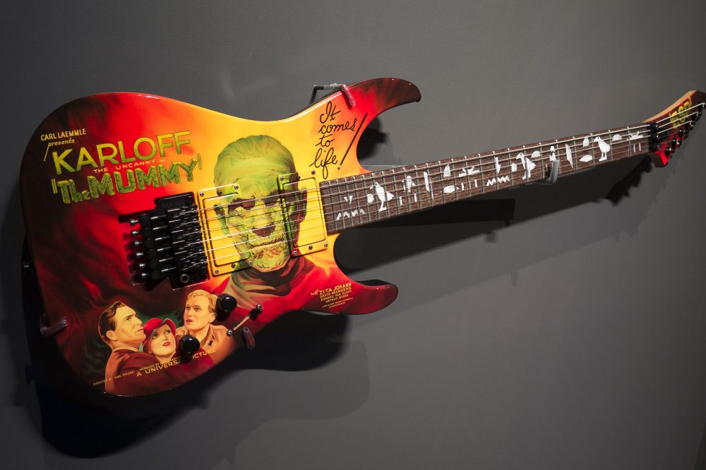 One of Hammett's personal, custom guitars. Note the hieroglyphics on the neck. (Andrea Shea/WBUR)