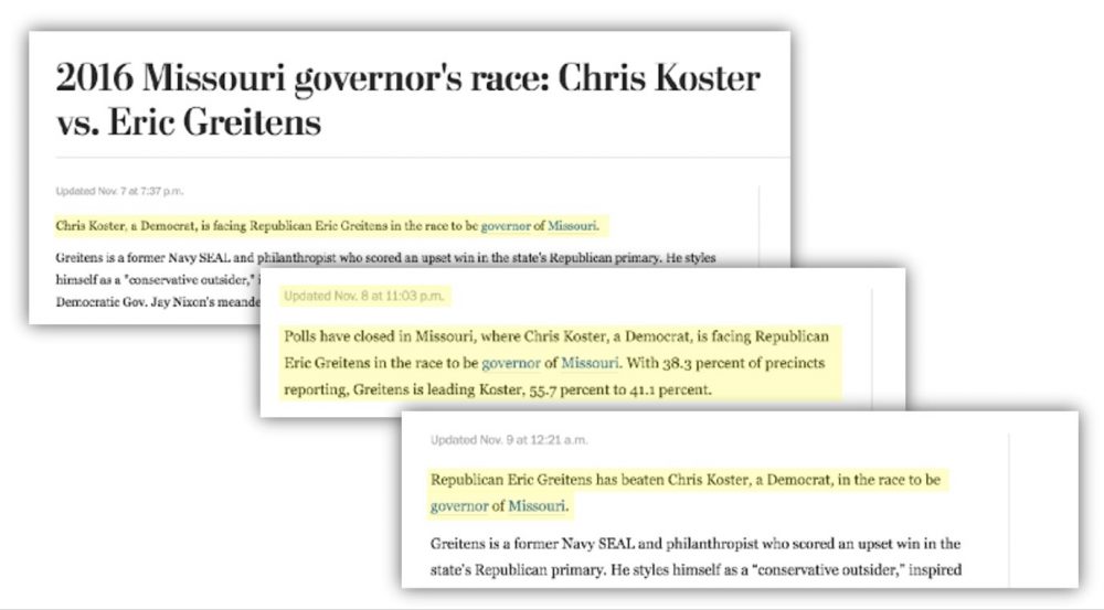 This image shows the different stages a Heliograf story went through leading up to, during and after Election Day. (Courtesy of The Washington Post)