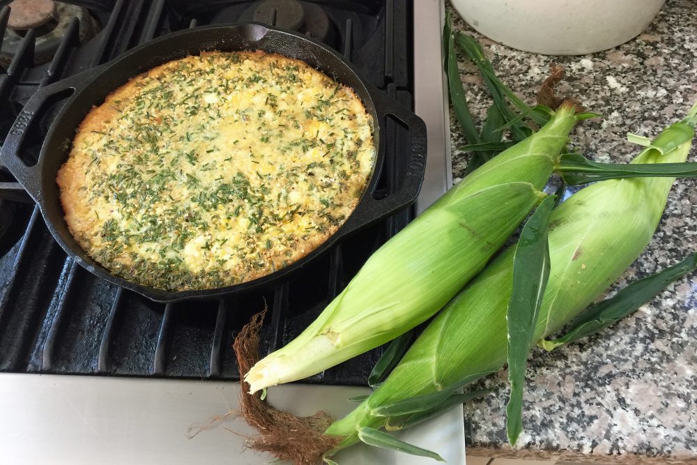 Buttermilk cornbread with fresh corn, herbs and goat cheese. (Kathy Gunst for Here &amp; Now)