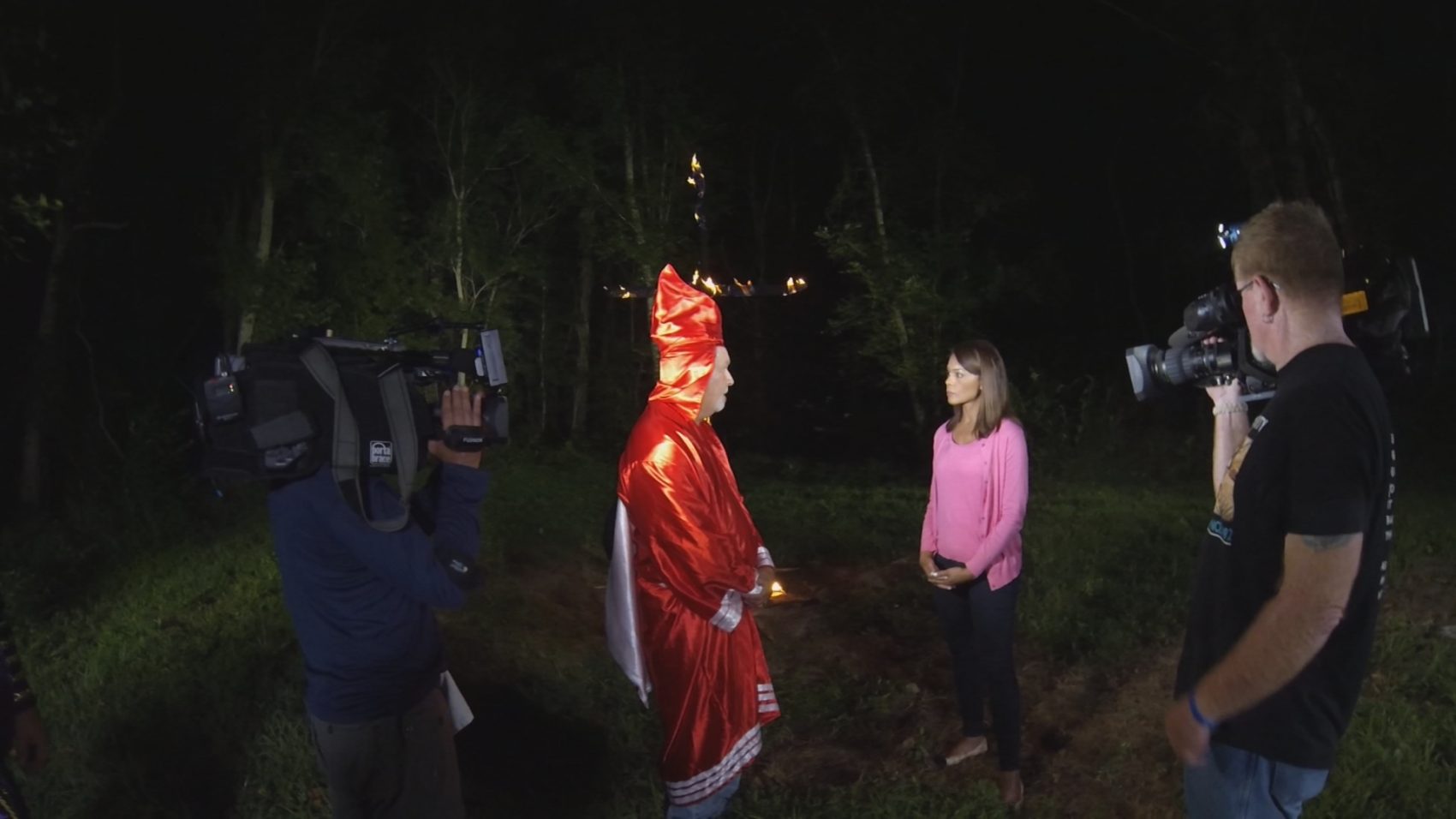 Univision's Ilia Calderón interviewing Christopher Barker, imperial wizard of the Loyal White Knights of the Ku Klux Klan, in North Carolina. (Courtesy Univision)