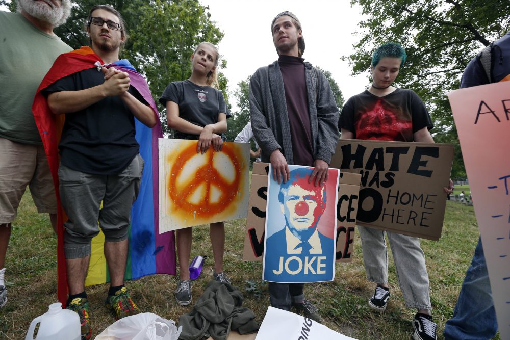 Counter-protesters wait for the so-called free speech rally to begin on the Common. Police Commissioner William Evans said Friday that 500 officers, some in uniform, others undercover, would be deployed to keep the two groups apart. (Michael Dwyer/AP)