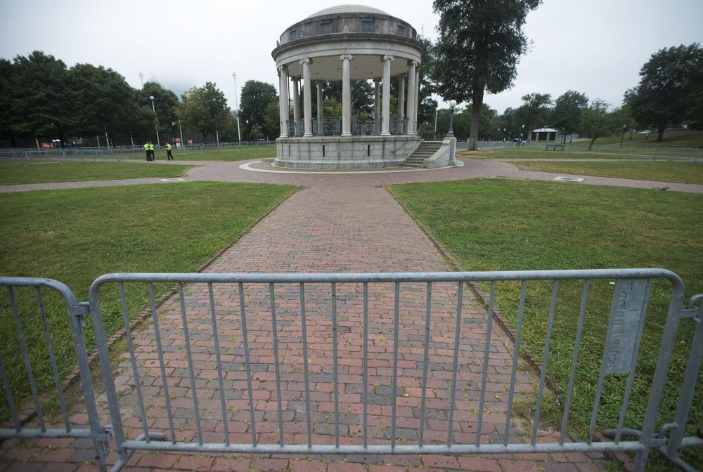 Parkman Bandstand in Boston Common was barricaded Saturday morning for the so-called free speech rally expected to draw thousands on Saturday. (Jesse Costa/WBUR)