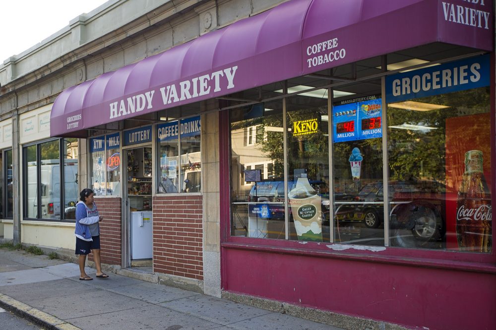 The Handy Variety convenience store in Watertown hours after the Massachusetts State Lottery erroneously said the store had sold the winning Powerball jackpot ticket. The winning ticket was actually sold in Chicopee. (Jesse Costa/WBUR)