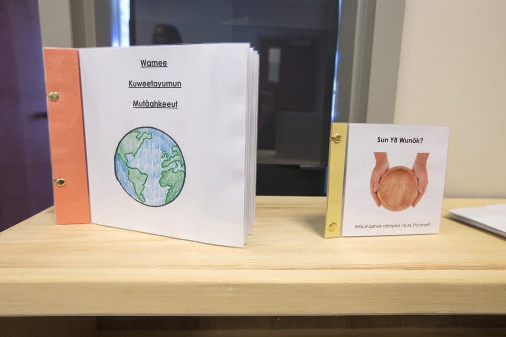 Children's books put together by the Mukayuhsak Weekuw school written in the Wampanoag language for students to read. (Jesse Costa/WBUR)