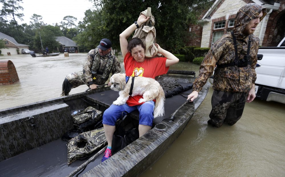 Tina Cross puts on a jacket as her dog Mitzy sits on her lap while being evacuated as floodwaters rise Monday in Spring, Texas. (David J. Phillip/AP)