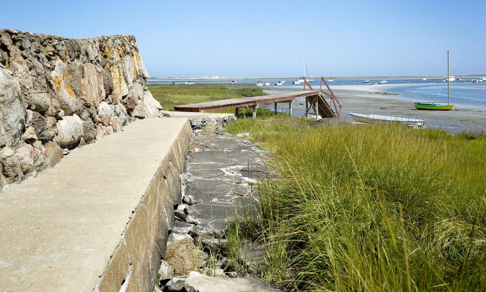Walls constructed to protect buildings on the shore prevent the marsh's retreat as the ocean advances. Here only a small strip of marsh survives in front of a sea wall. (Robin Lubbock/WBUR)