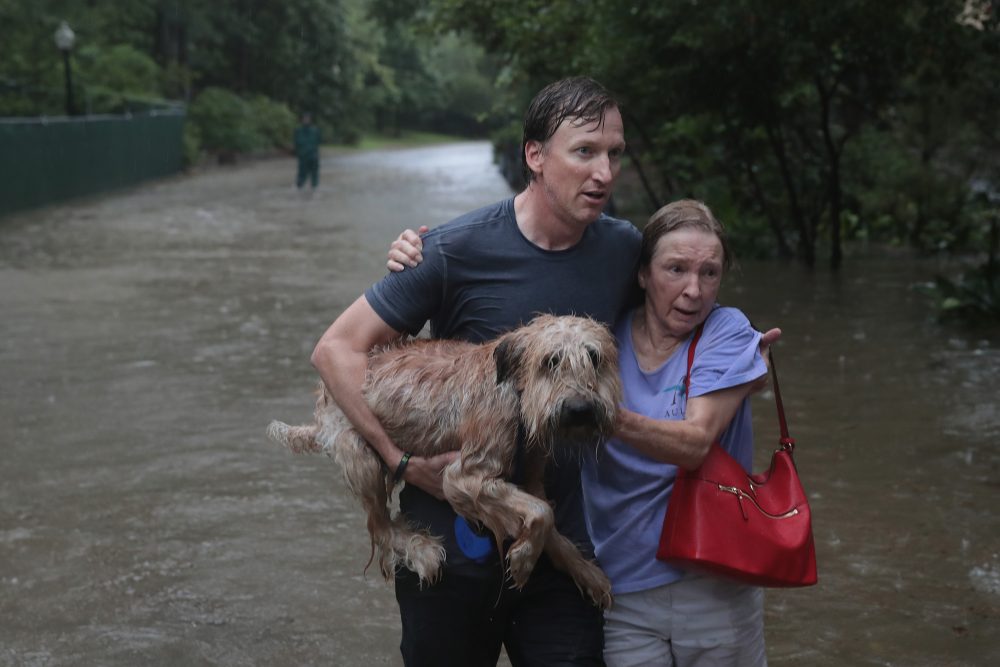 Andrew White (left) helps a neighbor down a street after rescuing her from her home in his boat in the upscale River Oaks neighborhood after it was inundated with flooding from Hurricane Harvey on Aug. 27, 2017 in Houston, Texas. (Scott Olson/Getty Images)