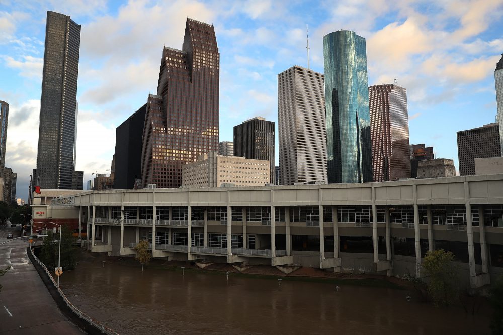 The Houston skyline is seen after the area was inundated with flooding from Hurricane Harvey on Aug. 29, 2017. (Joe Raedle/Getty Images)