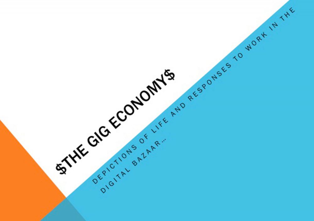 Poster for “25th Drawing Show | The Gig Economy: Depictions of Life and Responses to Work in the Digital Bazaar&quot; by Robert Moeller. (Courtesy Boston Center for the Arts)