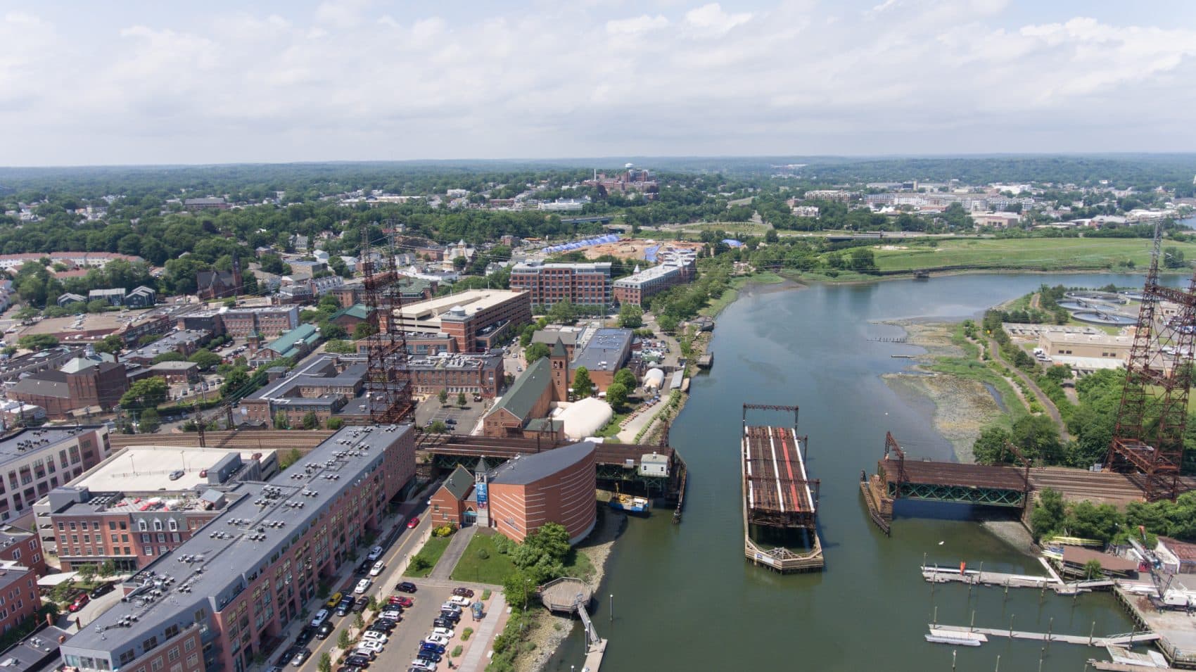 The Norwalk River Railroad Bridge is seen from above (Ryan Caron King/WNPR)