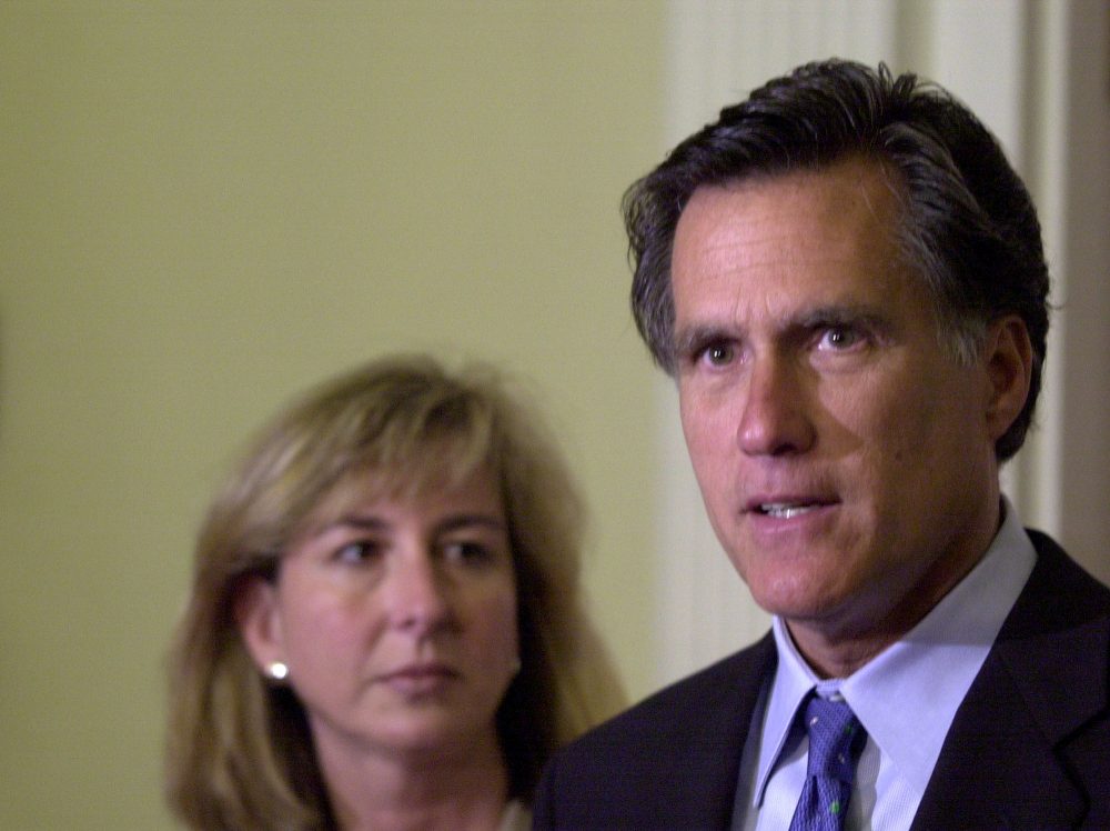 Gov. Mitt Romney speaks in defense of the voter-approved English immersion law in 2003. (Olivia Nisbet/AP)