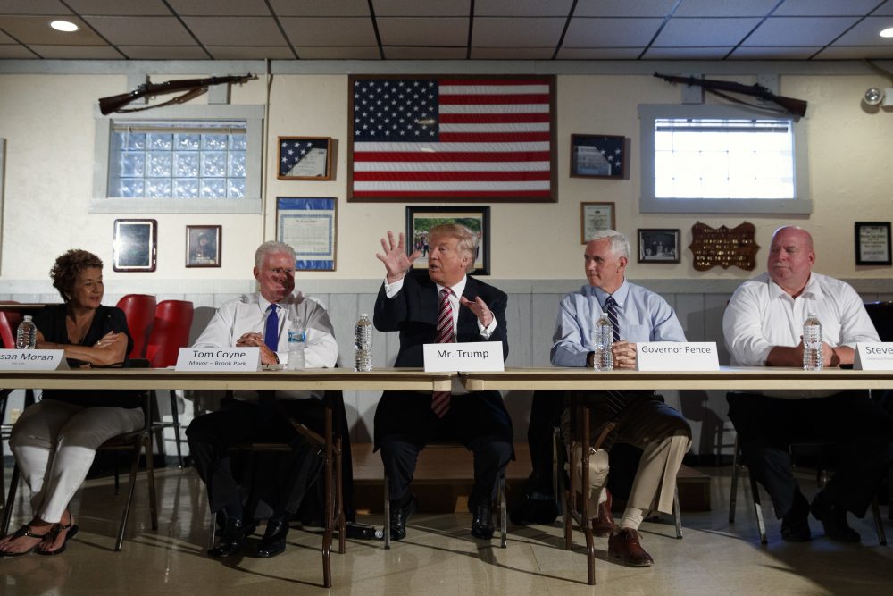 Then-Republican presidential candidate Donald Trump speaks during a roundtable discussion with labor leaders and union members at American Legion Post 610, on Sept. 5, 2016, in Brook Park, Ohio. (Evan Vucci/AP)