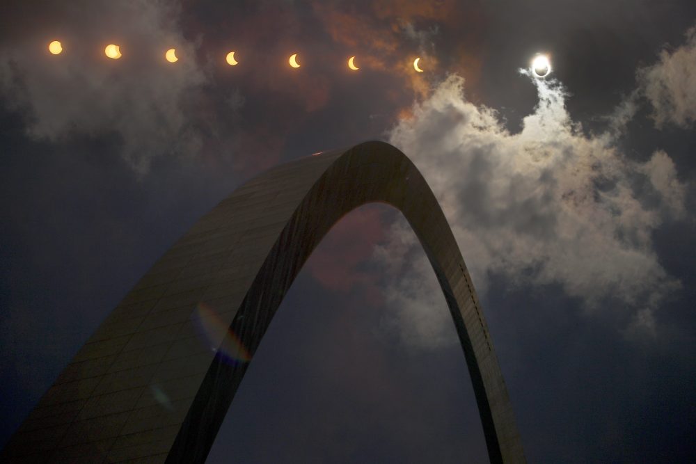 In this multiple exposure photograph, the phases of a partial solar eclipse are seen over the Gateway Arch in St. Louis. The Gateway Arch was just a few miles outside of the path of totality. (Jeff Roberson/AP)