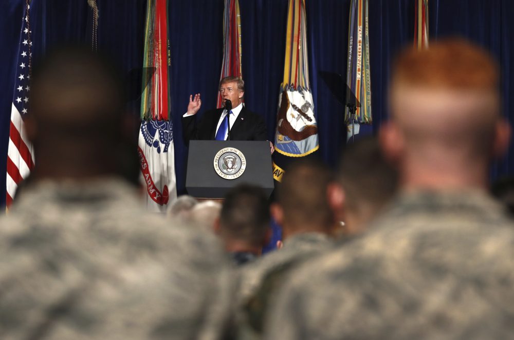 President Trump speaks at Fort Myer in Arlington, Va., Aug. 21, during an address about a strategy he believes will best position the U.S. to eventually declare victory in Afghanistan. (Carolyn Kaster/AP)