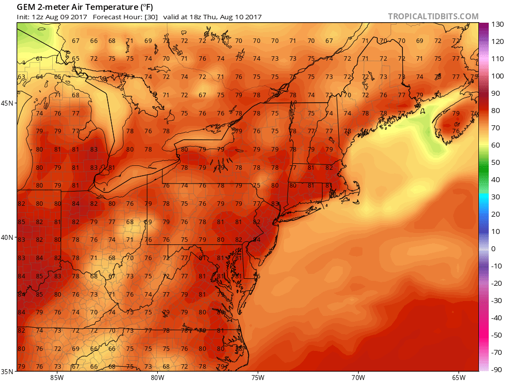 It will be warm Thursday afternoon. (Courtesy Tropical Tidbits)