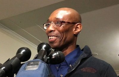 Frederick Clay speaks with reporters after he is freed. (Shannon Dooling/WBUR)