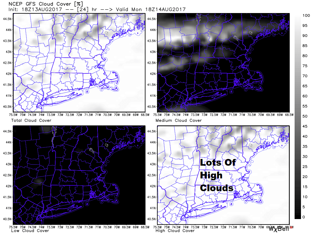 High clouds will be prevalent Monday, but the sun should filer through. (Courtesy WeatherBell)
