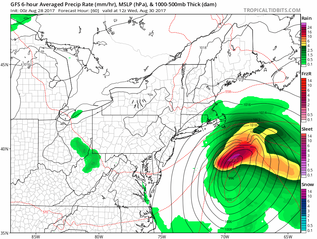 An ocean storm may become tropical storm Irma as it passes New England this week. (Courtesy Tropical Tidbits)