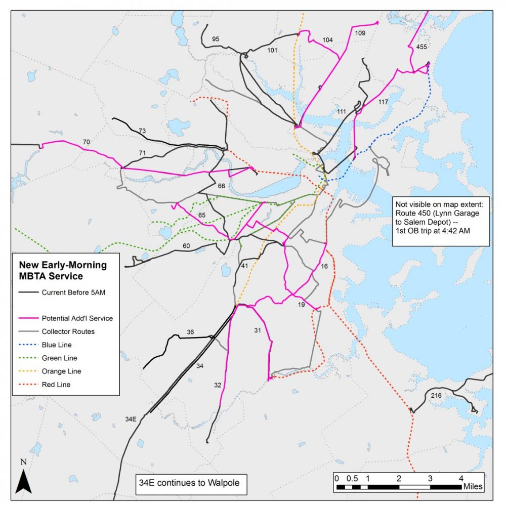 The bus routes highlighted in pink will see additional early morning service under a pilot program approved by the MBTA's board on Monday. (MBTA)