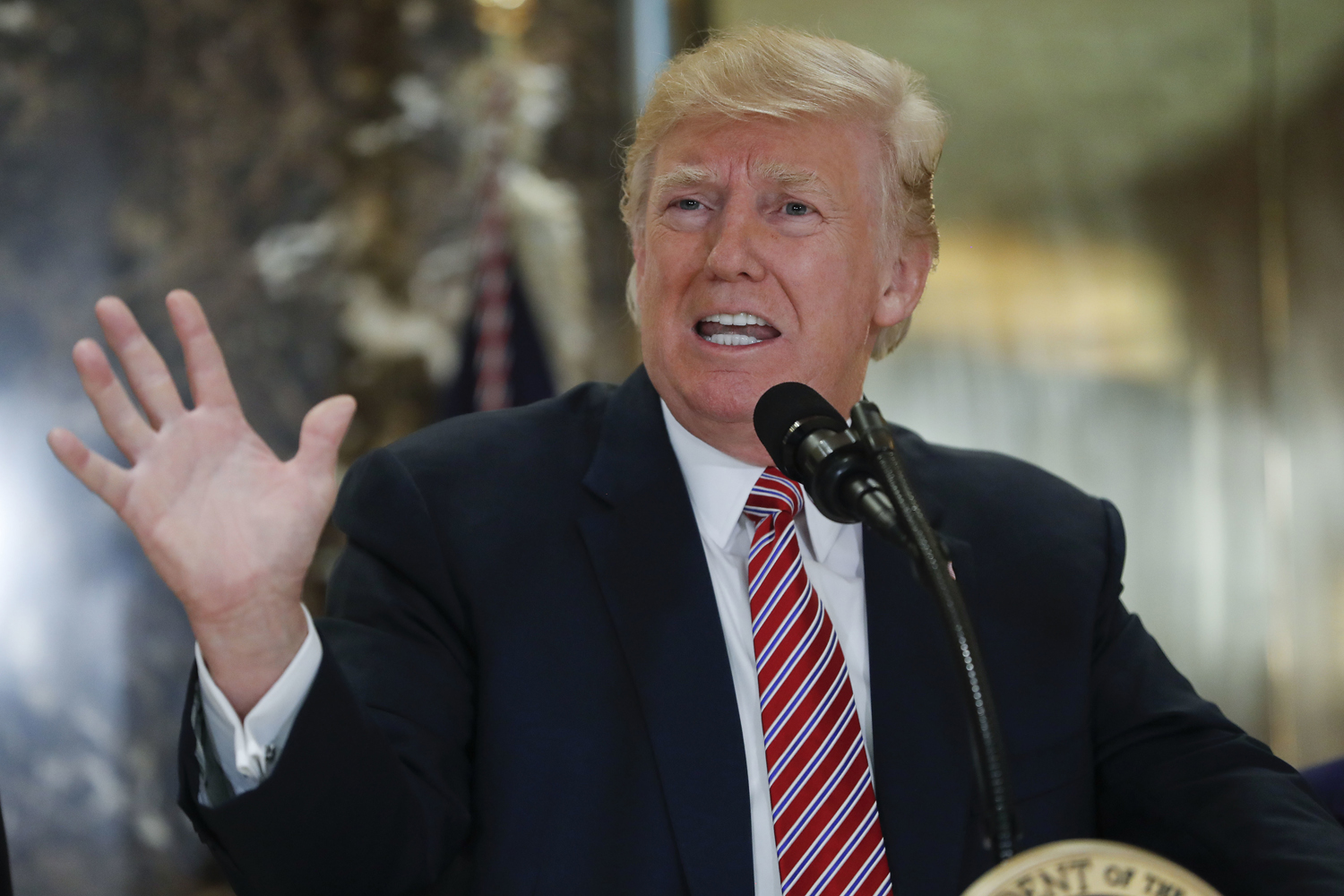 President Donald Trump speaks to the media in the lobby of Trump Tower, Tuesday, Aug. 15, 2017 in New York. (Pablo Martinez Monsivais/AP)