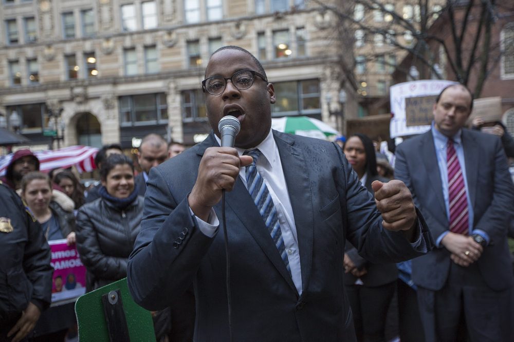 Tito Jackson speaks during the a rally in January in downtown Boston. (Jesse Costa/WBUR)
