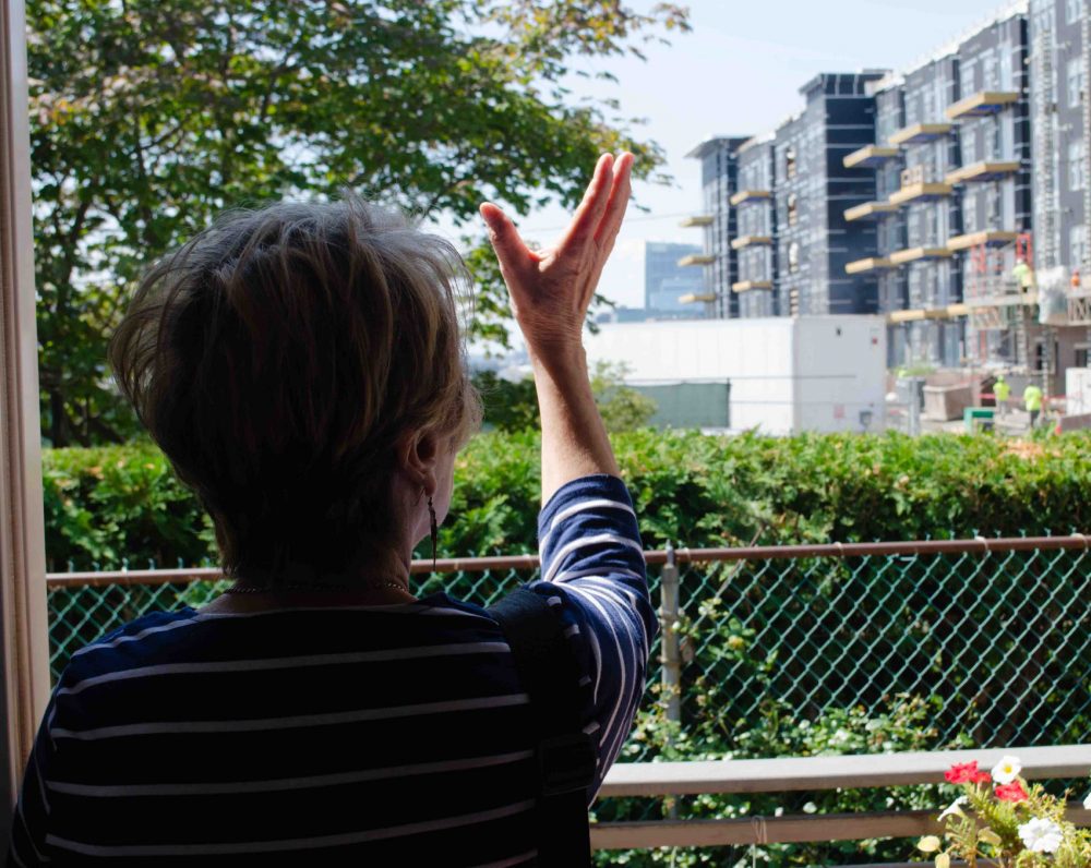 Modica shows the view out the back of her house where development has obscured the once-clear view she had across the harbor to the Boston waterfront. (Elizabeth Gillis/WBUR)