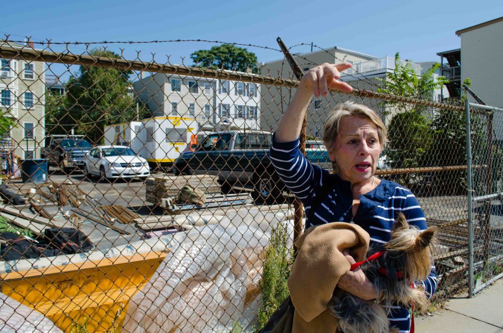 East Boston resident Michele Modica stands in front of an empty lot where she played as a child. The property, which is located across the street from her childhood home, will eventually hold five new residences. (Elizabeth Gillis/WBUR)