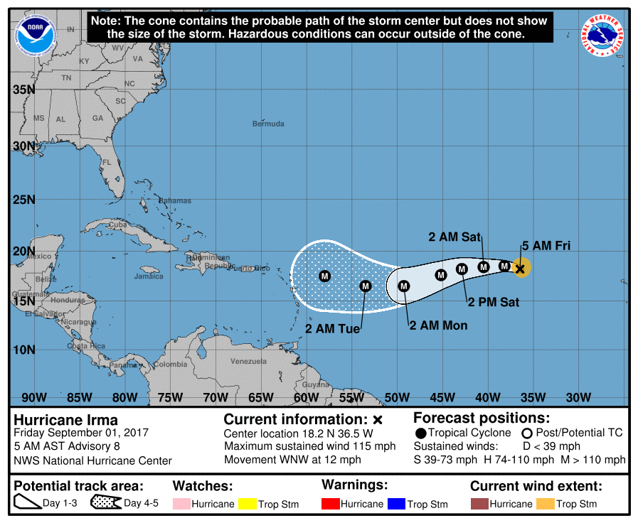 Hurricane Irma moves west in the coming days and poses a threat to the US later next week. (Courtesy NHC)