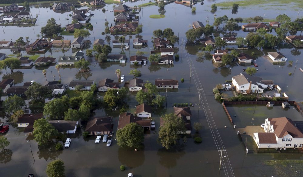 In this arial photo, homes sit in floodwaters caused Tropical Storm Harvey in Port Arthur, Texas, Friday, Sept. 1, 2017. Port Arthur's major roads were swamped by rising waters brought by Harvey (AP Photo/LM Otero)