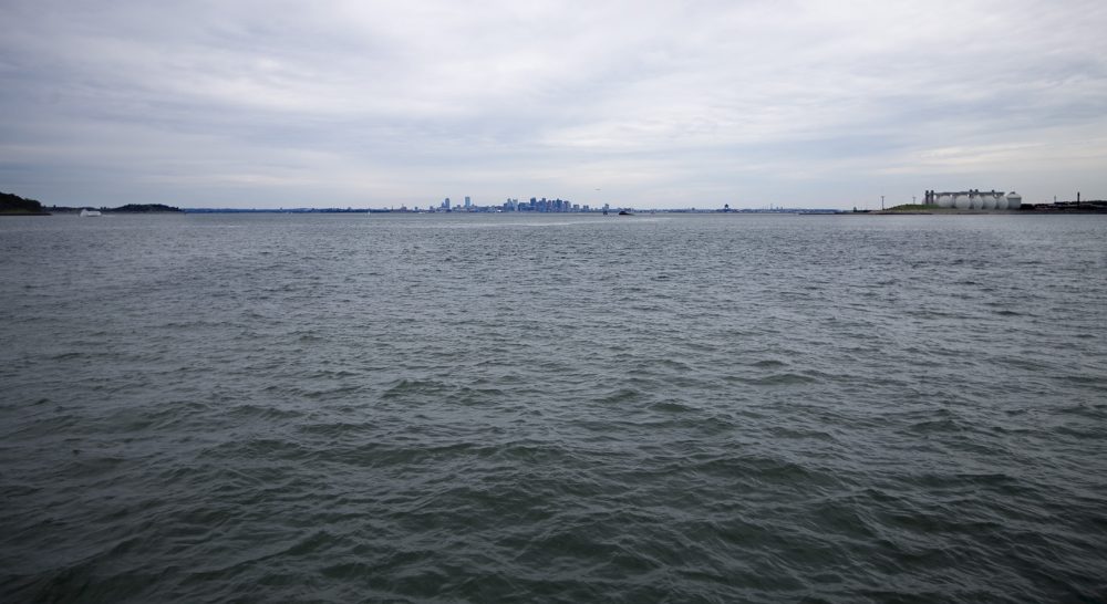 One proposed harbor barrier would stretch from Deer Island, right, to Quincy. (Jesse Costa/WBUR)
