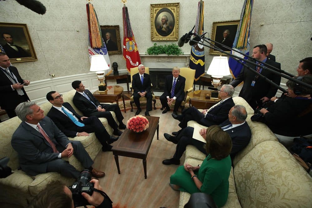 President Trump (top right) and Vice President Mike Pence (top left) meet with: (clockwise from lower left) House Majority Leader Rep. Kevin McCarthy (R-Calif.), Treasury Secretary Steven Mnuchin, Speaker of the House Rep. Paul Ryan (R-Wisc.), Senate Majority Leader Sen. Mitch McConnell (R-Ky.), Senate Minority Leader Sen. Chuck Schumer (D-NY) and House Minority Leader Rep. Nancy Pelosi (D-Calif.) in the Oval Office of the White House September 6, 2017 in Washington, DC. President Trump met with congressional leaders to discuss bipartisan issues. (Alex Wong/Getty Images)