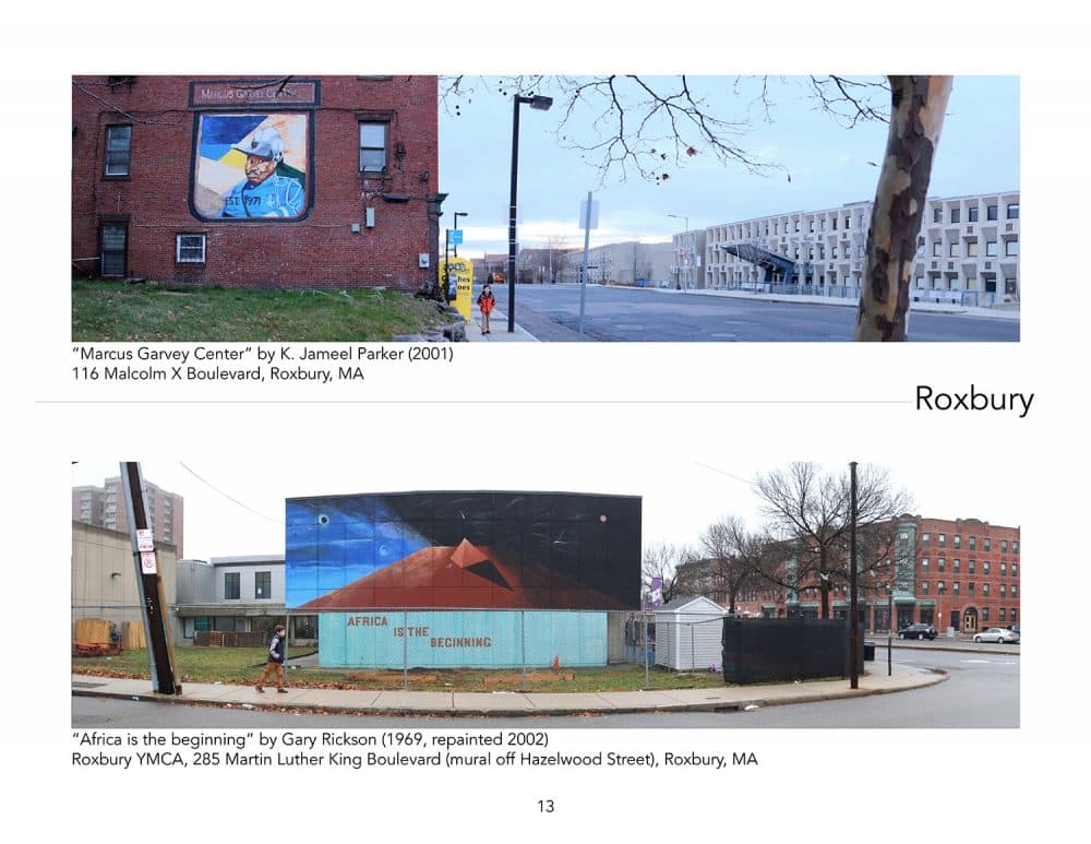 The first page of the Roxbury section of &quot;Boston Murals&quot; highlights Jameel Parker's Marcus Garvey mural and Gary Rickson’s painting &quot;Africa Is the Beginning.&quot; (Courtesy Christine Verret)