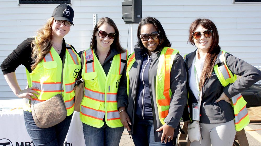 Liana Halverson, Holly Durso, Aisheea Isidor, Oceana Sanchez were among the many MBTA staff at the Roadeo. (Alison Bruzek/WBUR)
