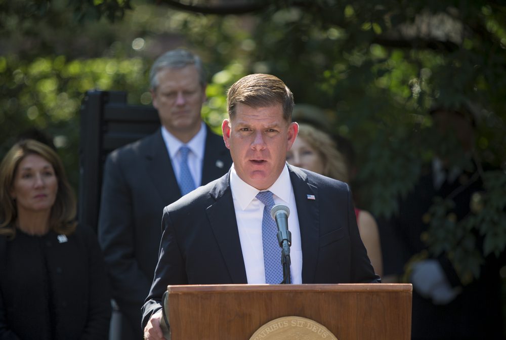 Boston Mayor Marty Walsh speaks during the wreath laying ceremony honoring the victims of 9/11 at the Public Garden. (Jesse Costa/WBUR)