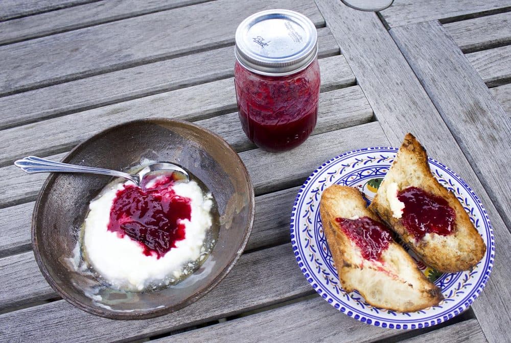 Kathy's plum conserves, which can be served on plain yogurt (left), buttered toast (right) and more. (Jackson Mitchell/Here &amp; Now)