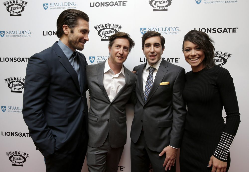 Actor Jake Gyllenhaal, director David Gordon Green, Boston Marathon bombing survivor Jeff Bauman and actress Tatiana Maslany at Spaulding Tuesday night. (Steven Senne/AP)